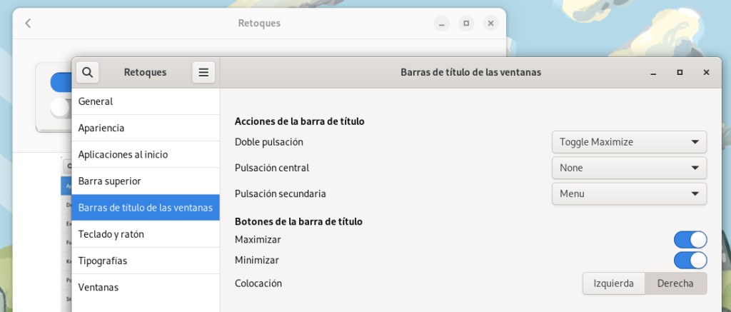 Captura de pantalla de Retoques de GNOME mostrando las opciones de ventana.