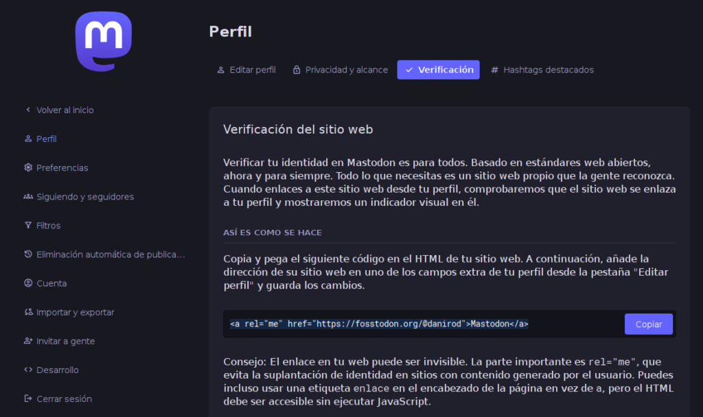 Un pantallazo muestra las opciones de verificación de Mastodon.