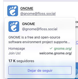Pantallazo de Mastodon mostrando una tarjeta que aparece al poner el cursor sobre una foto de perfil.