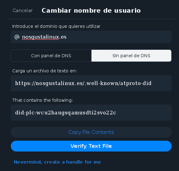 Captura de pantalla de Bluesky mostrando las instrucciones para verificar la cuenta.