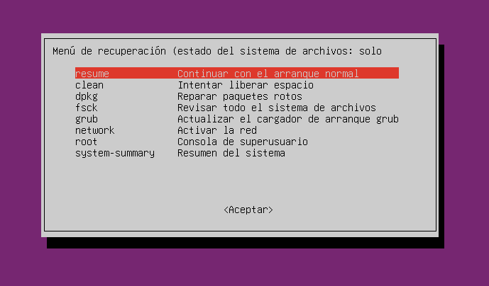 Pantalla de inicio del menú de recuperación de Ubuntu.