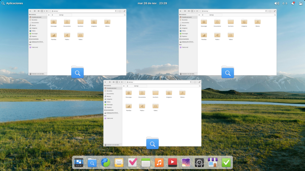 Un pantallazo muestra varias ventanas del explorador de archivos de elementaryOS organizadas.