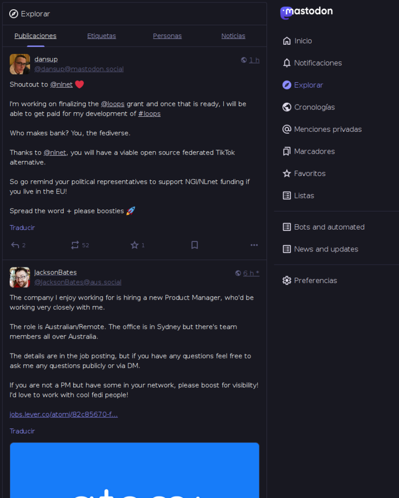 Pantallazo de Mastodon muestra algunos posts en la sección Explorar.