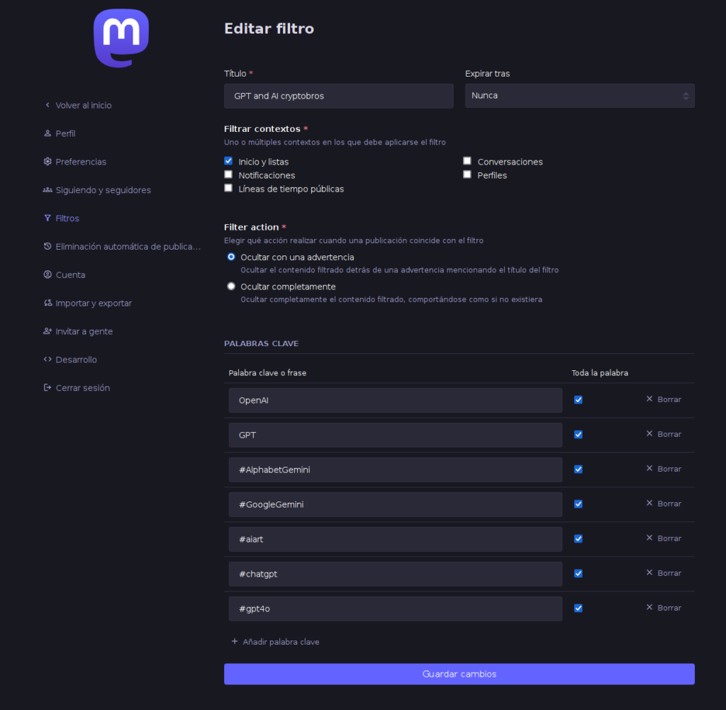 Pantallazo muestra la configuración de filtros de temas para Mastodon.