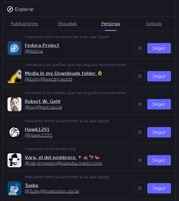 Pantallazo muestra algunas cuentas destacadas en el explorador de Mastodon.
