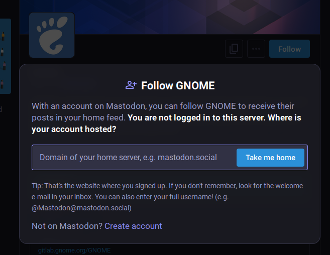 En un pantallazo vemos el diálogo de seguir remotamente una cuenta de Mastodon.