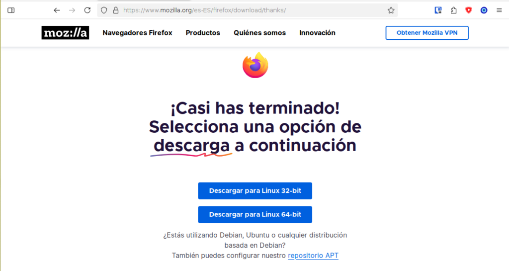 Página de descarga de Mozilla Firefox.