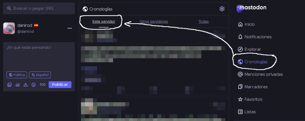 Pantallazo de Mastodon muestra la sección Cronología local.