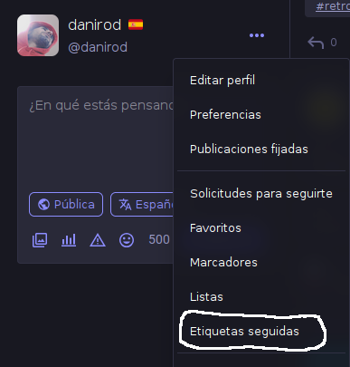 Pantallazo muestra cómo llegar a la sección etiquetas destacadas de mastodon.