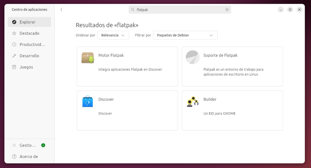 El centro de software mostrando paquetes al buscar "Flatpak".