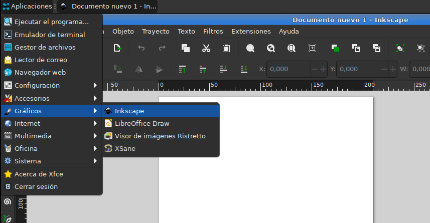 Pantallazo de Inkscape corriendo en GNU/Linux, vemos el menú de aplicaciones abierto con el lanzador de Inkscape en primer plano.