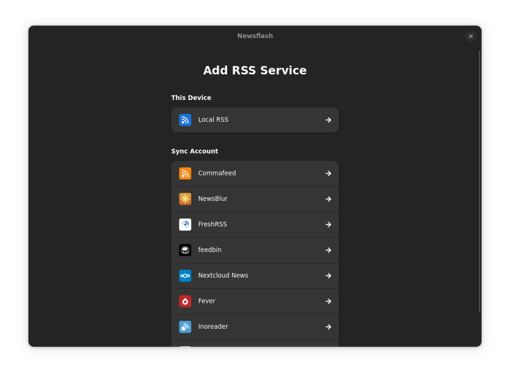 Pantalla principal de Newsflash muestra una lista de servicios RSS y pregunta cuál usar.