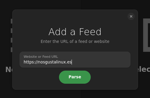 Diálogo para agregar un feed, muestra una caja de texto donde se ha escrito la URL de Nos Gusta Linux.