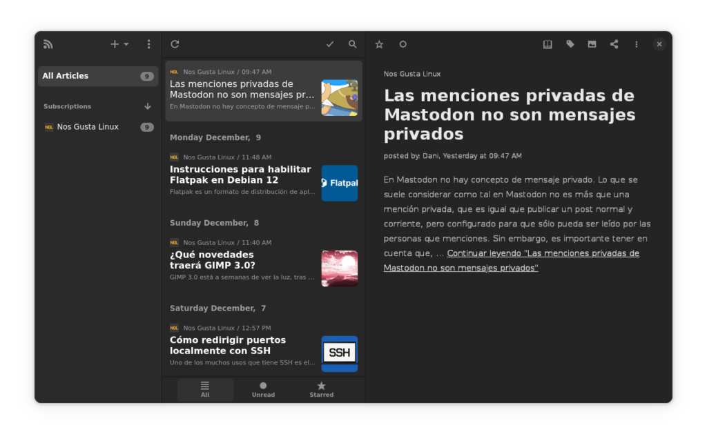 Ventana de NewsFlash mostrando una lista de artículos recientes en Nos Gusta Linux.