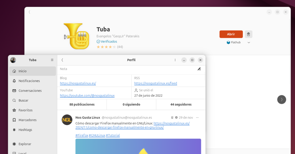 Pantallazo donde vemos la aplicación Tuba delante de la aplicación GNOME Software.