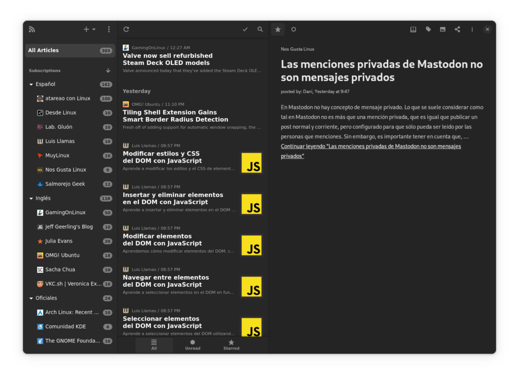 El lector de RSS NewsFlash una vez se han agregado varias fuentes.