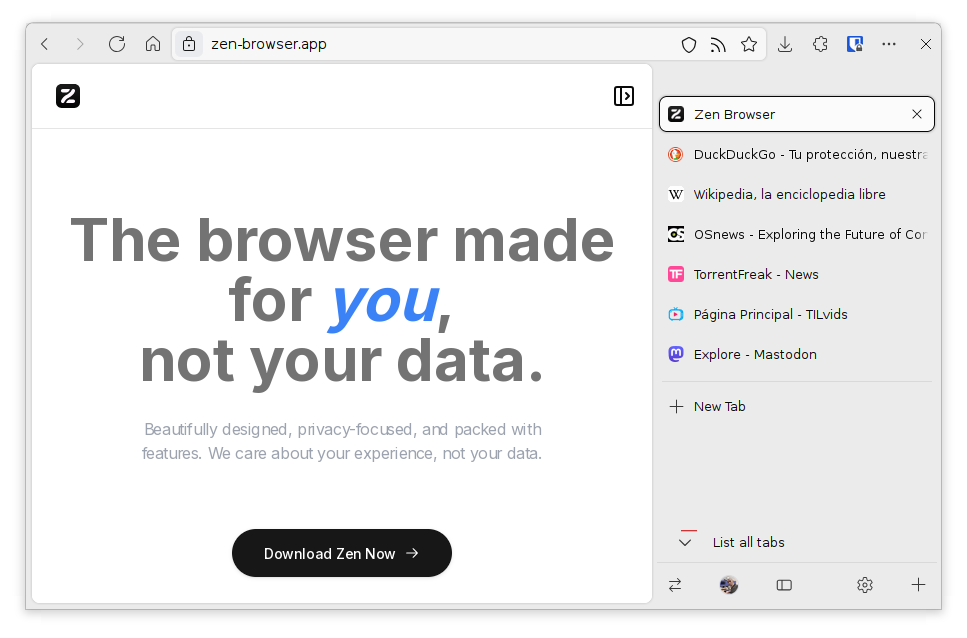 En un pantallazo de Zen Browser vemos una barra lateral con pestañas.