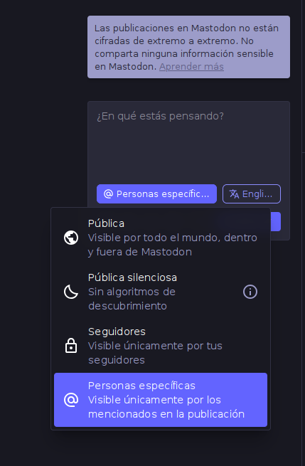 Pantallazo del compositor de posts de Mastodon viendo el menú de selección de visibilidad establecido a Personas específicas