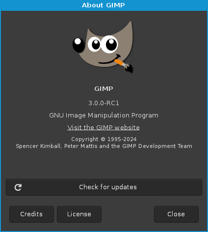 Pantallazo del diálogo Acerca de en GIMP. Ahora el animal que usan como mascota tiene un diseño plano y se le ve más sonriente.