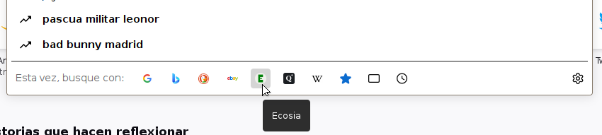 Pantallazo de Firefox sugiriendo Ecosia como buscador en la barra de direcciones integrada.